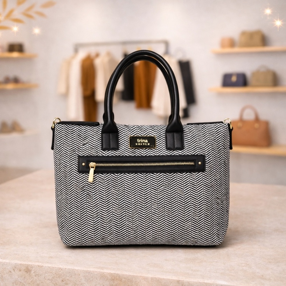 Trina Turk Black & White Herringbone Tote Bag NWT